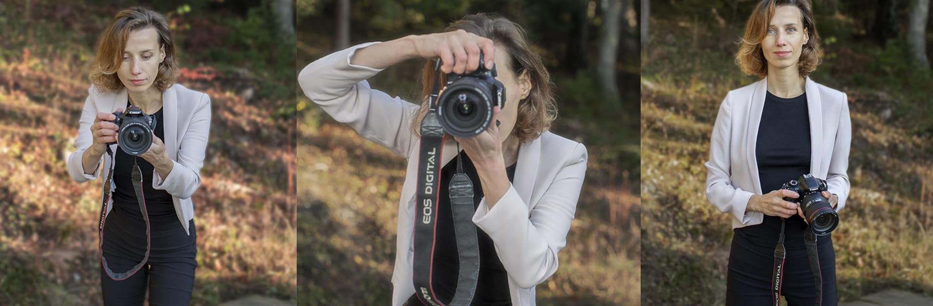 Profesjonell kvinnelig fotograf med kamera som skaper en avslappet og autentisk stemning utendørs